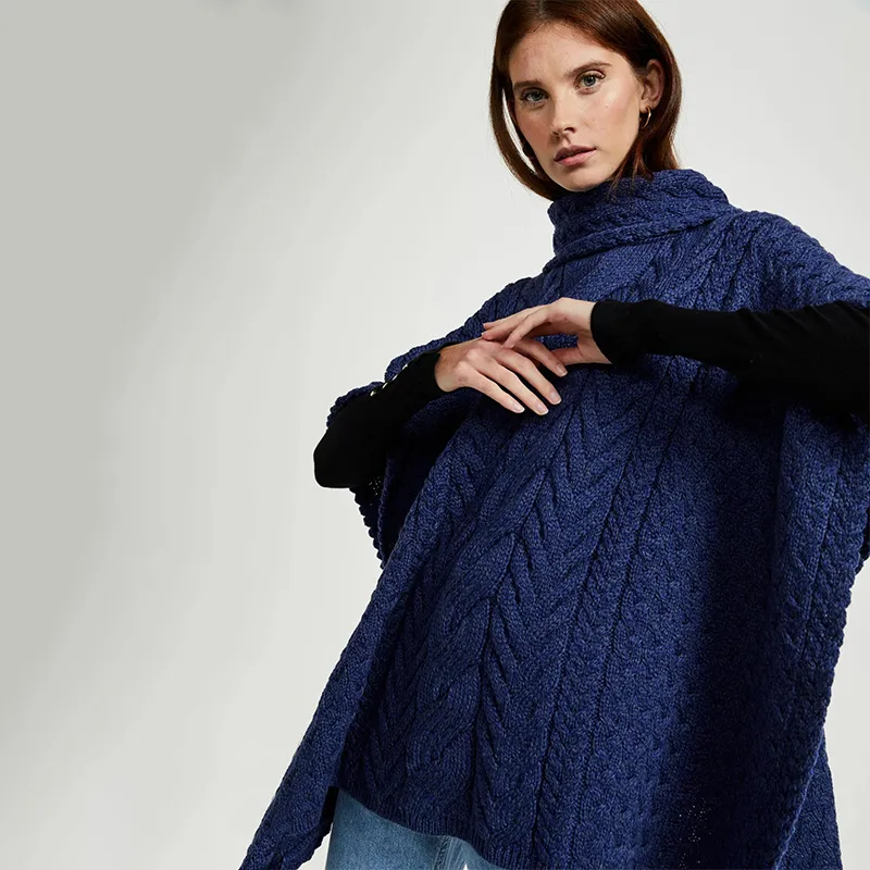A10087 INK BLUE Colour Aran Supersoft Merino Poncho with Cowl Neck Gaelsong 