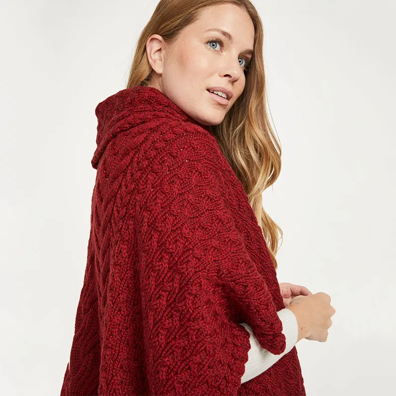 A10087 RUA RED Colour Aran Supersoft Merino Poncho with Cowl Neck Side View Gaelsong 