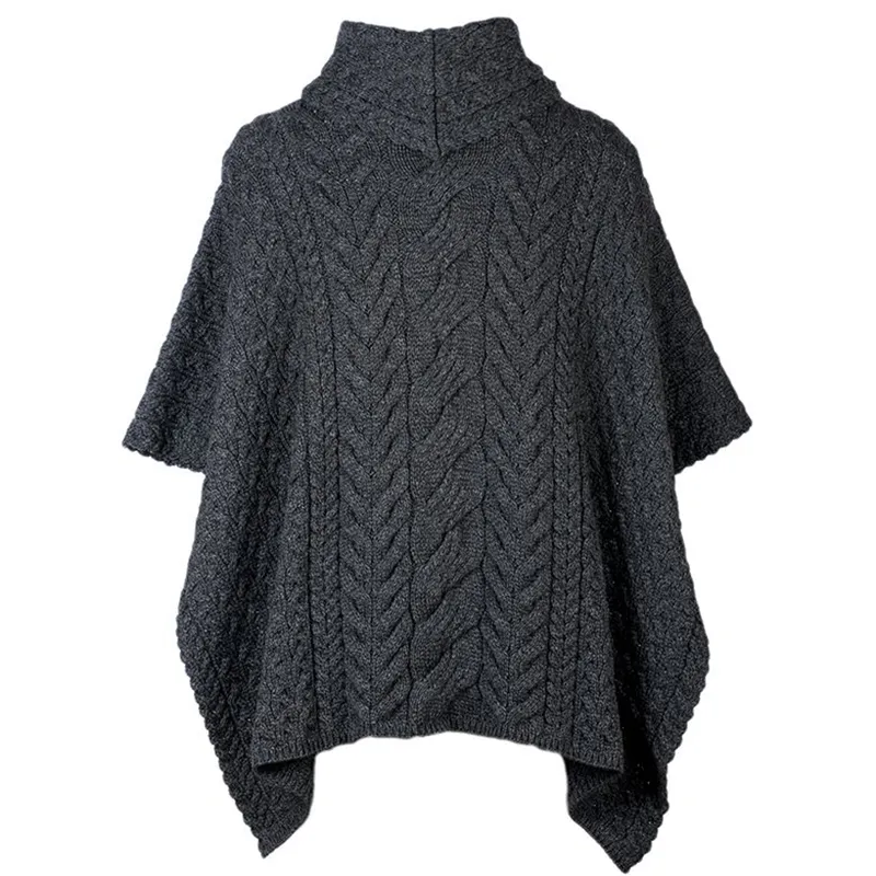 A10087 SLATE GREY Colour Aran Supersoft Merino Poncho with Cowl Neck Studio Front Back Side Gaelsong 