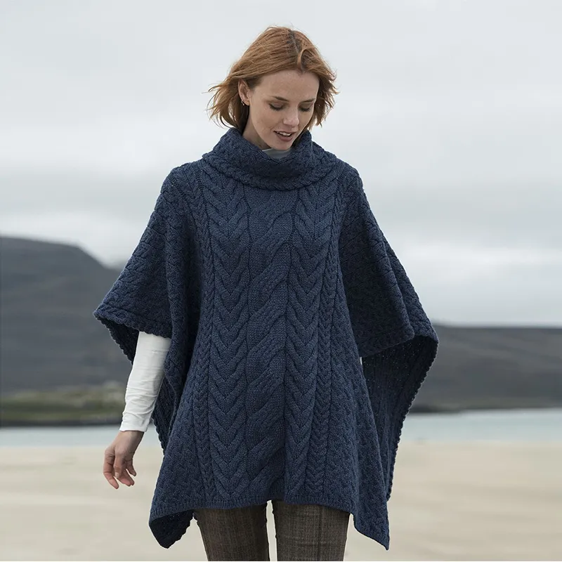 A10087 SLATE GREY Colour Aran Supersoft Merino Poncho with Cowl Neck Gaelsong 