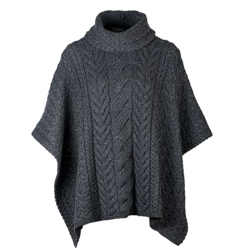 A10087 SLATE GREY Colour Aran Supersoft Merino Poncho with Cowl Neck Studio Front Gaelsong 