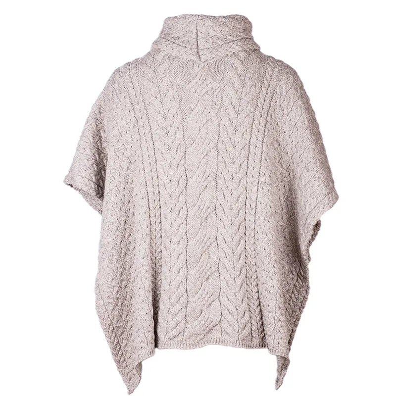 A10087 TOATED OAT Colour Aran Supersoft Merino Poncho with Cowl Neck Back Side Gaelsong 