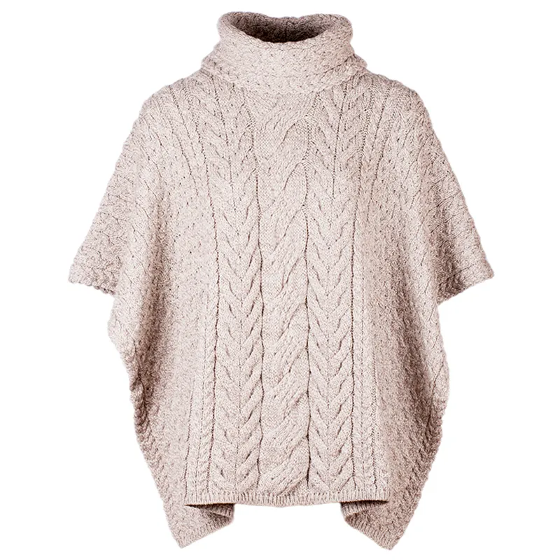 A10087 TOATED OAT Colour Aran Supersoft Merino Poncho with Cowl Neck Gaelsong 