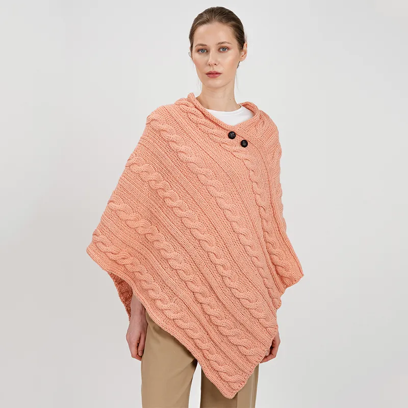 A10090 CORAL PEACH Colour Fisherman Wool Buttoned Aran Poncho Gaelsong 