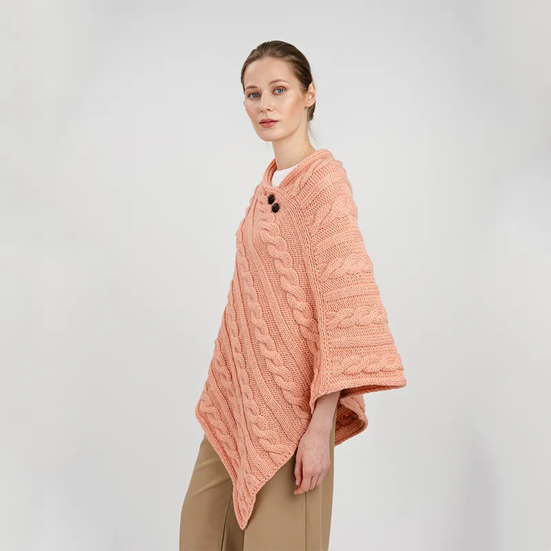 A10090 CORAL PEACH Colour Fisherman Wool Buttoned Aran Poncho Side View  Gaelsong 