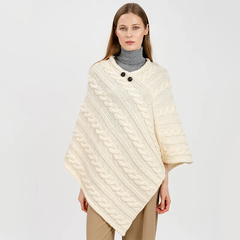 A10090 NATURAL WHITE Colour Fisherman Wool Buttoned Aran Poncho Gaelsong 