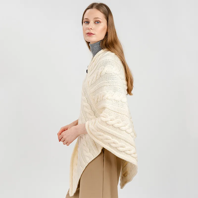 A10090 NATURAL WHITE Colour Fisherman Wool Buttoned Aran Poncho Side View Gaelsong 