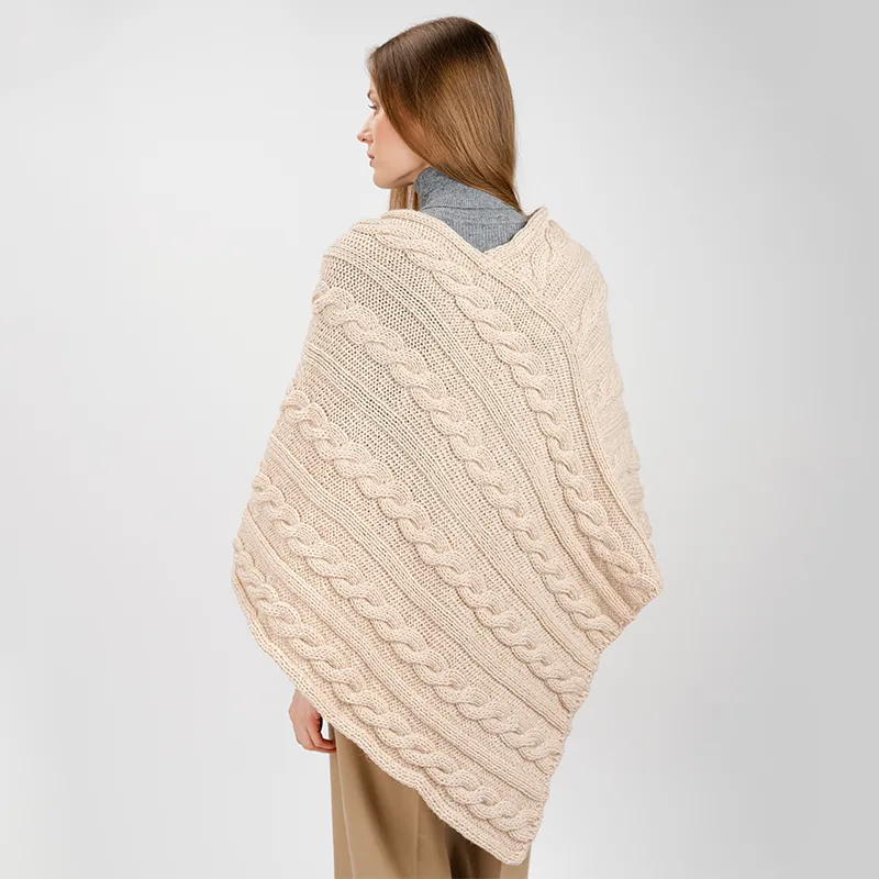 A10090 PARSNIP Colour Fisherman Wool Buttoned Aran Poncho Back Side View Gaelsong 