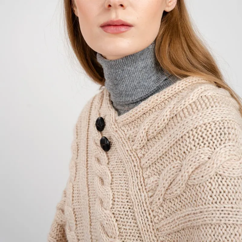 A10090 PARSNIP Colour Fisherman Wool Buttoned Aran Poncho Closeup View Knit Gaelsong 