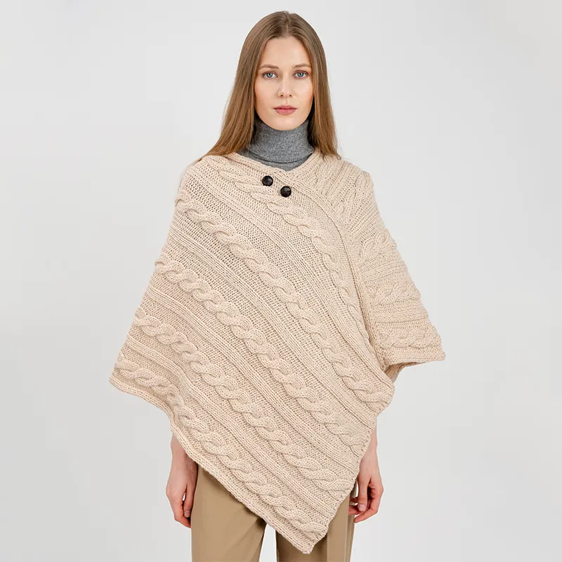 Fisherman Wool Buttoned Aran Poncho