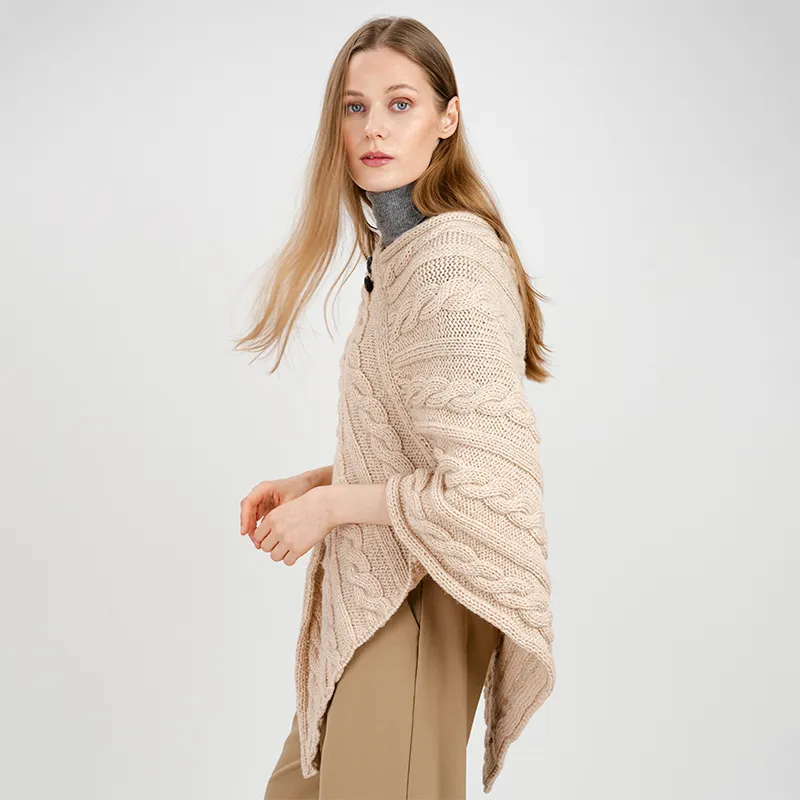A10090 PARSNIP Colour Fisherman Wool Buttoned Aran Poncho Side View Gaelsong 