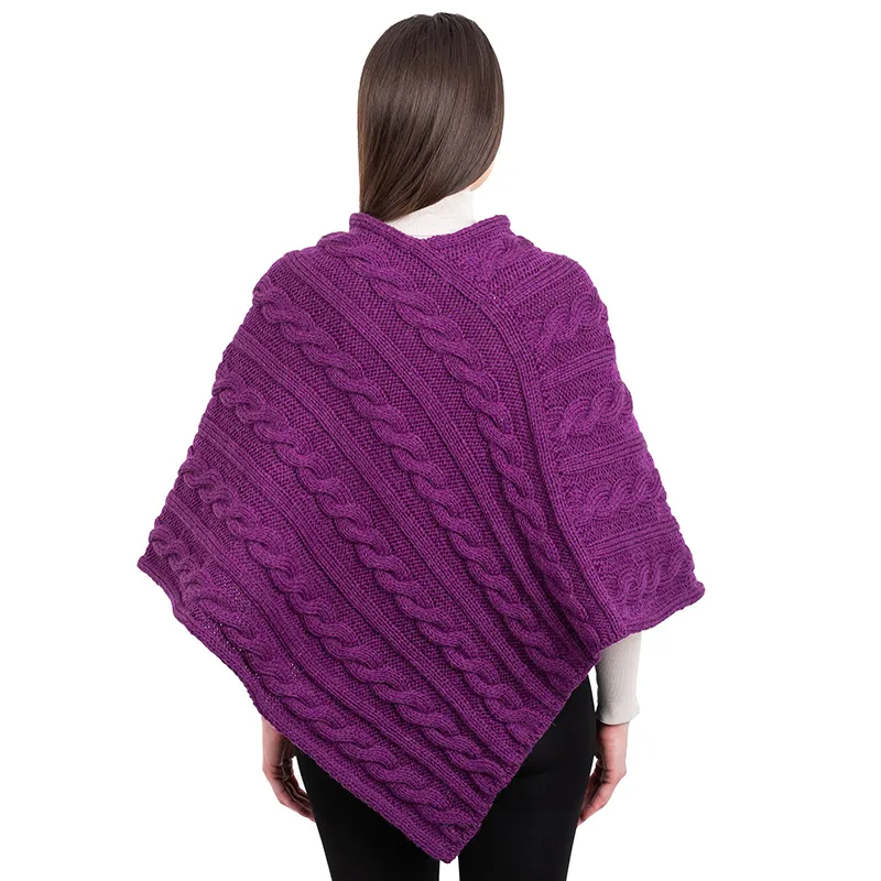 A10090 PURPLE Colour Fisherman Wool Buttoned Aran Poncho Back Side Gaelsong 