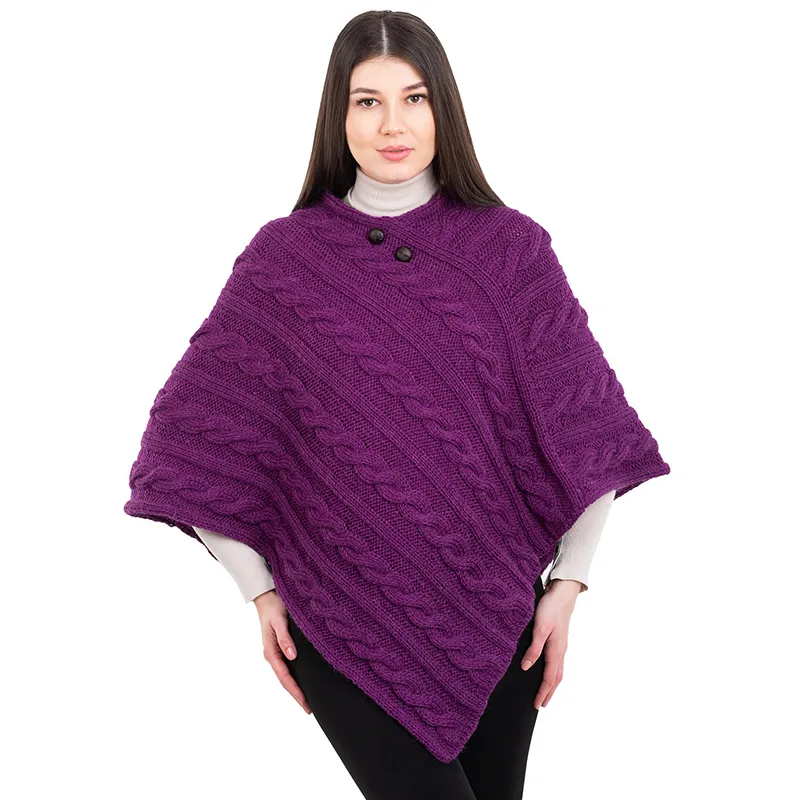 A10090 PURPLE Colour Fisherman Wool Buttoned Aran Poncho Gaelsong 