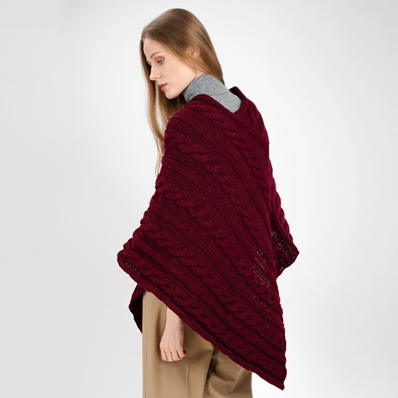 A10090 WINE Colour Fisherman Wool Buttoned Aran Poncho Back Side Gaelsong 