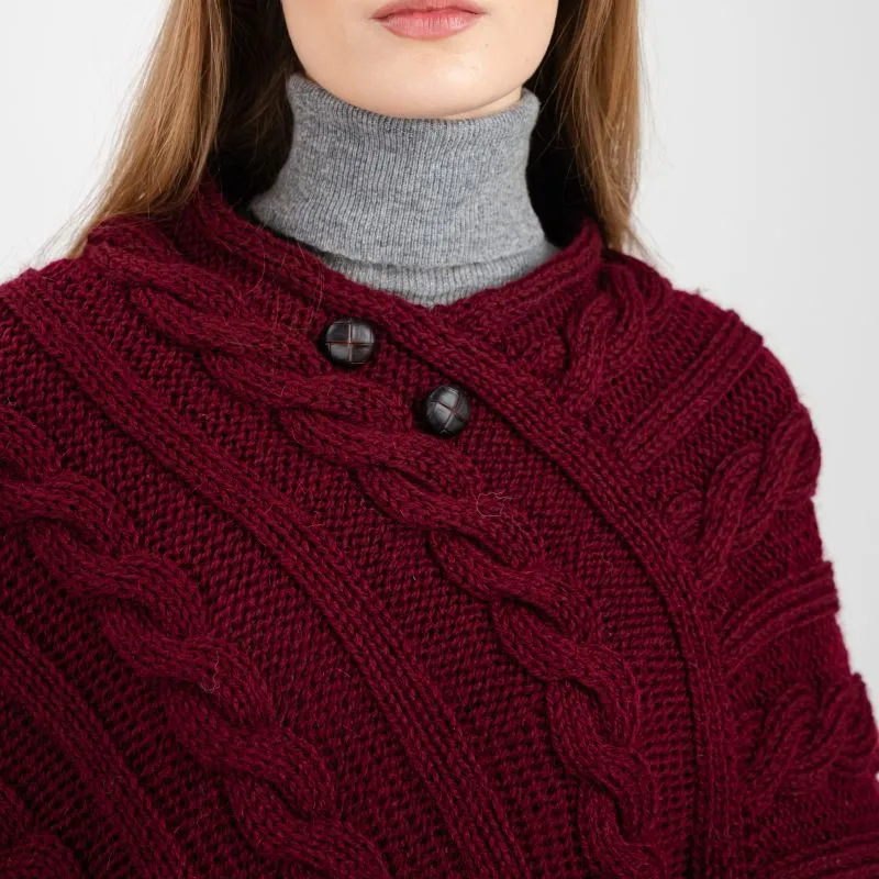 A10090 WINE Colour Fisherman Wool Buttoned Aran Poncho Closeup Cest View  Gaelsong 