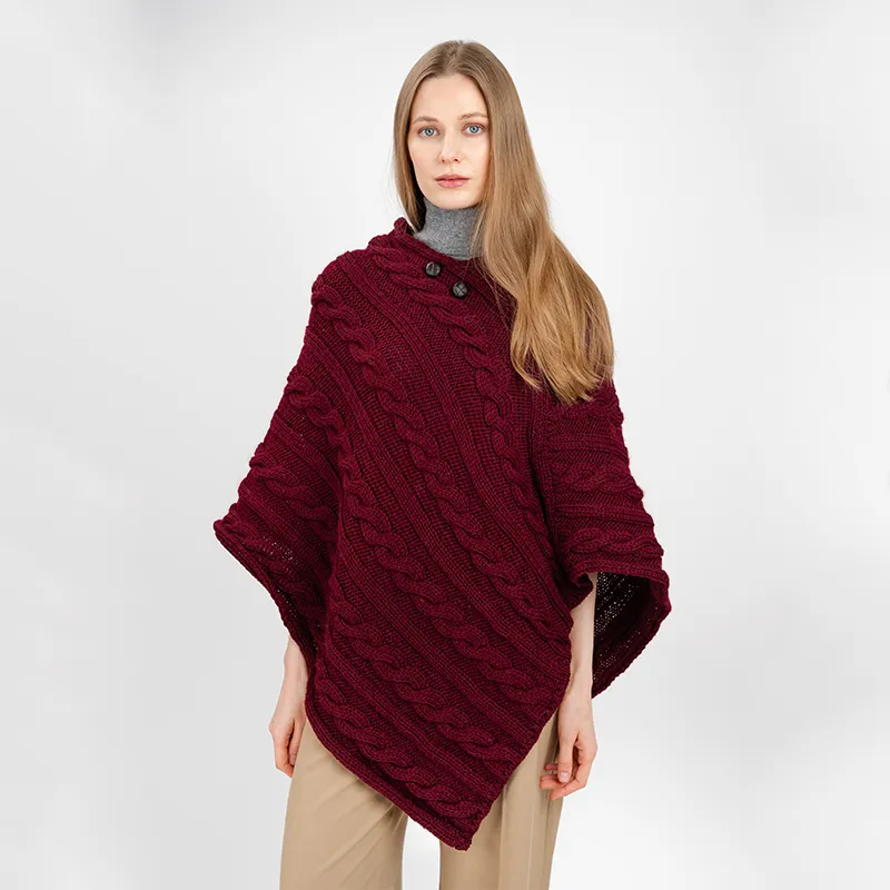 A10090 WINE Colour Fisherman Wool Buttoned Aran Poncho Gaelsong 