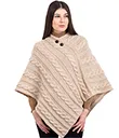 A10090PARSNIP Fisherman Wool Buttoned Aran Poncho Front Studio Gaelsong 