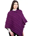 A10090PURPLE Fisherman Wool Buttoned Aran Poncho Front Studio Gaelsong 