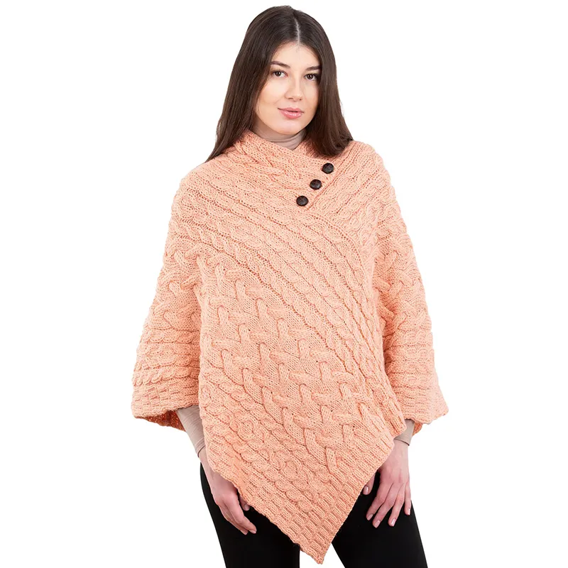 A10091 CORAL PEACH Colour  Ladies Cable Knit Poncho Studio Gaelsong 