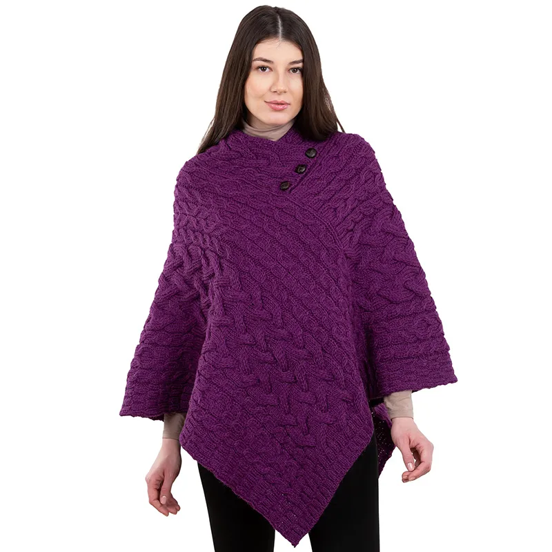 A10091 PURPLE Colour  Ladies Cable Knit Poncho Studio Gaelsong 