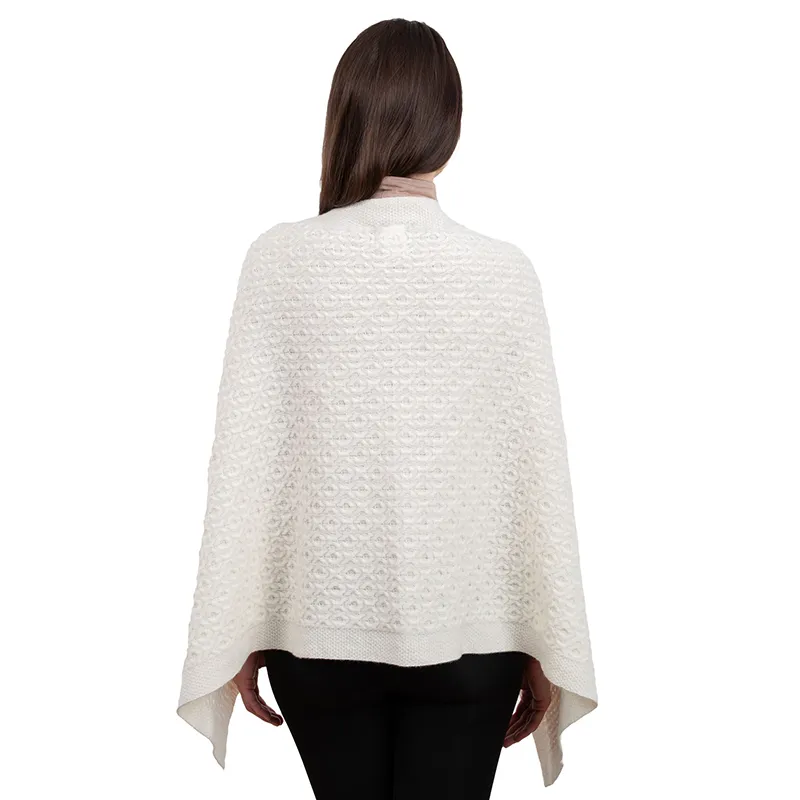 A10100 Lambswool Aran Pattern Poncho with Front Buttons Style in White Colour Back Side View Gaelsong 