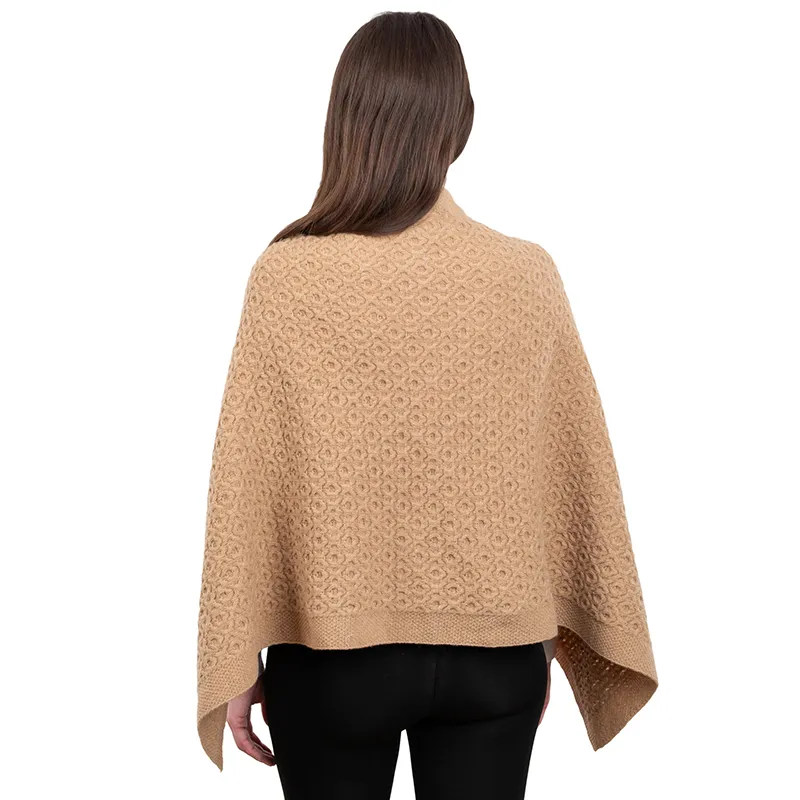A10100 Lambswool Aran Pattern Poncho with Front Buttons Style Back Side in BEIGE CAMEL Colour Gaelsong 