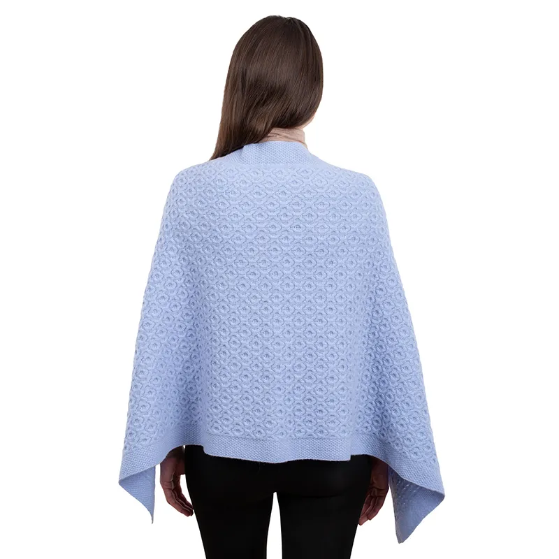 A10100 Lambswool Aran Pattern Poncho with Front Buttons Style Back Side View in LIGHT BLUE Colour Gaelsong 