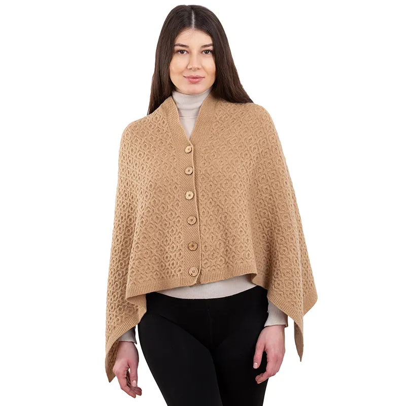 A10100 Lambswool Aran Pattern Poncho with Front Buttons Style in BEIGE CAMEL Colour Gaelsong 
