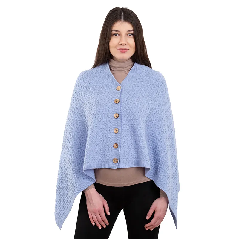 A10100 Lambswool Aran Pattern Poncho with Front Buttons Style in LIGHT BLUE Colour Gaelsong 