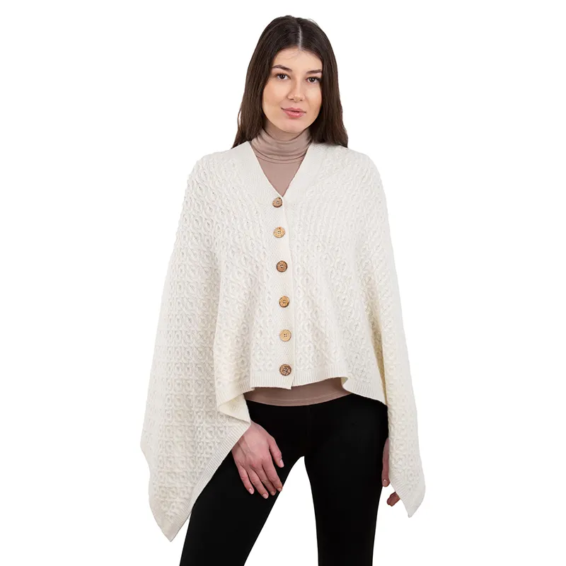 A10100 Lambswool Aran Pattern Poncho with Front Buttons Style in White Colour Gaelsong 