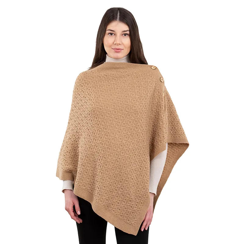 A10100 Lambswool Aran Pattern Poncho with Side Buttons Style in BEIGE CAMEL Colour Gaelsong 
