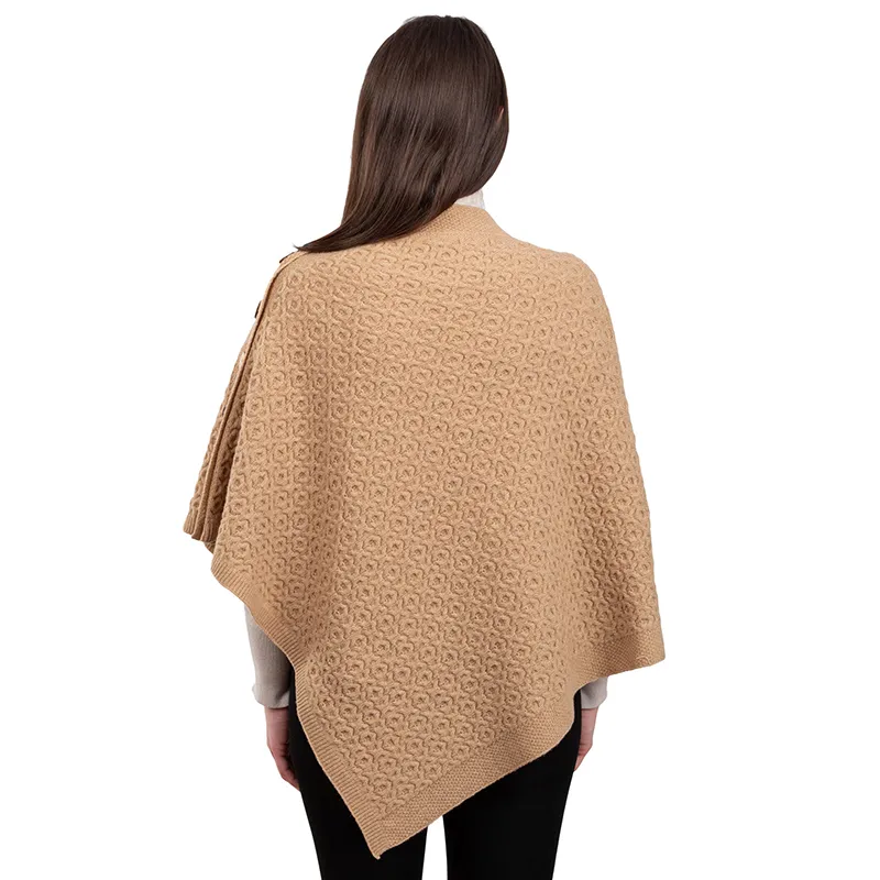 A10100 Lambswool Aran Pattern Poncho with Side Buttons Style Back Side in BEIGE CAMEL Colour Gaelsong 