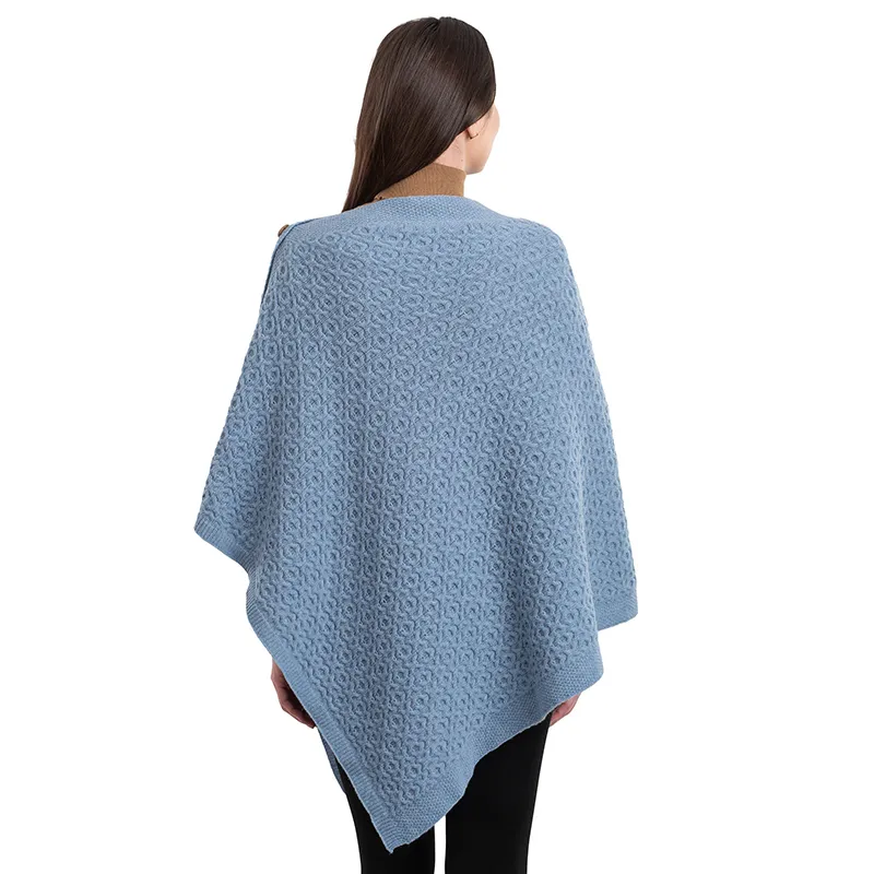 A10100 Lambswool Aran Pattern Poncho with Side Buttons Style in Blue Colour Back Side View Gaelsong 