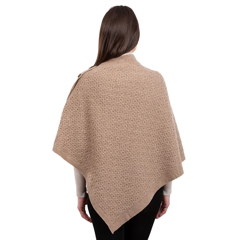 A10100 Lambswool Aran Pattern Poncho with Side Buttons Style in BROWN Colour Back Side View Gaelsong 