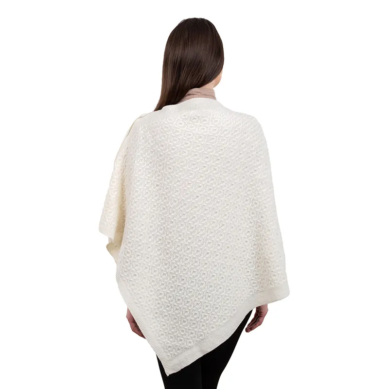 A10100 Lambswool Aran Pattern Poncho with Side Buttons Style in White Colour Back Side View Gaelsong 