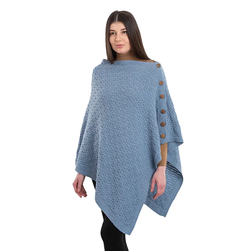 A10100 Lambswool Aran Pattern Poncho with Side Buttons Style in Blue Colour Front View Gaelsong 