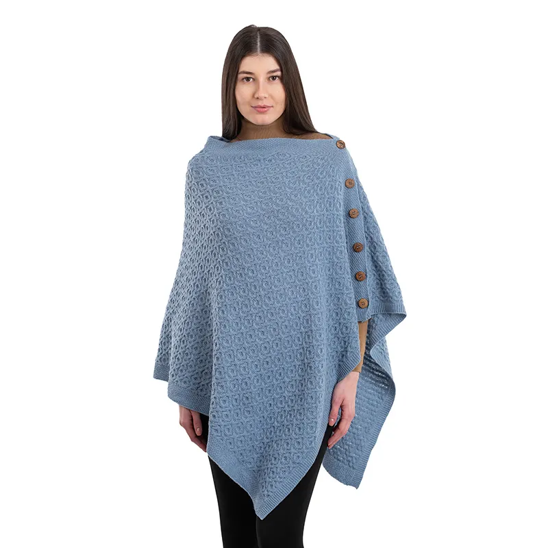 A10100 Lambswool Aran Pattern Poncho with Side Buttons Style in Blue Colour Gaelsong 
