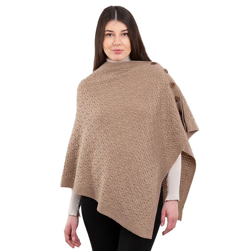 A10100 Lambswool Aran Pattern Poncho with Side Buttons Style in BROWN Colour Gaelsong 