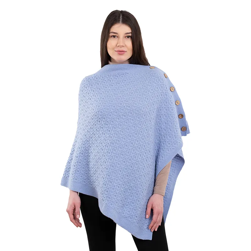 A10100 Lambswool Aran Pattern Poncho with Side Buttons Style in LIGHT BLUE Colour Gaelsong 