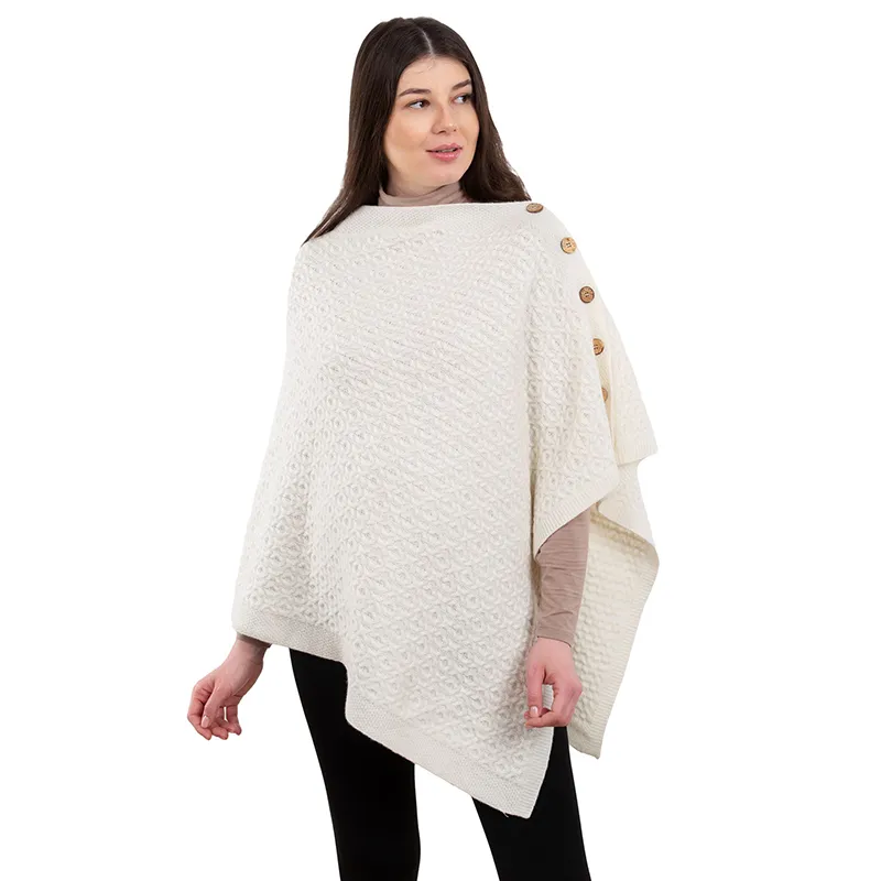 A10100 Lambswool Aran Pattern Poncho with Side Buttons Style in White Colour Gaelsong 