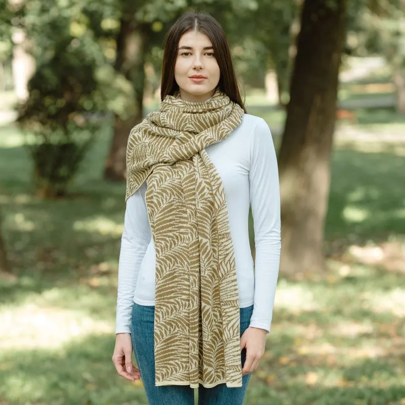 A10101 Newgrange Fern Design Irish Wrap in FAWN BROWN Colour Lifestyle Different Styling Gaelsong 