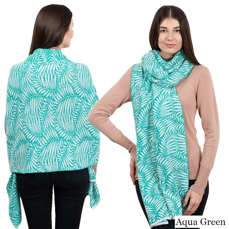 A10101 Newgrange Fern Design Irish Wrap in AQUA GREEN Colour Studio Back Side View Gaelsong 