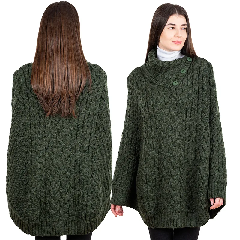 A10103 Irish Knit Cable Poncho with Button Collar ARMY GREEN Studio Gaelsong 