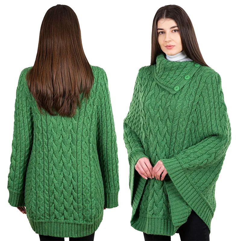 A10103 Irish Knit Cable Poncho with Button Collar GREEN Studio Gaelsong 