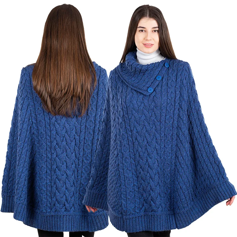 A10103 Irish Knit Cable Poncho with Button Collar MARL BLUE Studio Gaelsong 