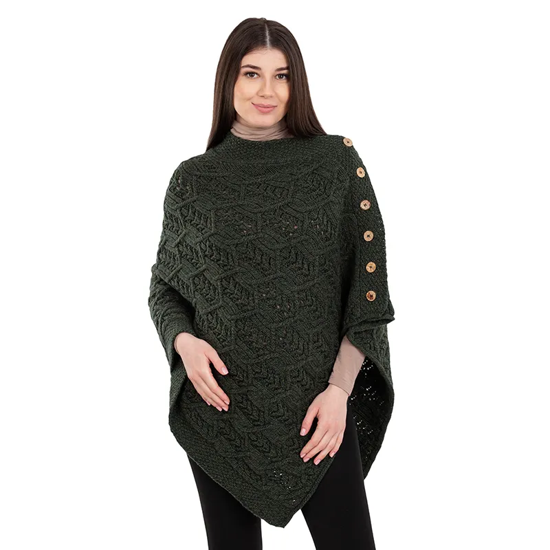 A10104 Side Buttons Irish V-Shaped Poncho ARMY GREEN with Side Buttons Style Gaelsong 