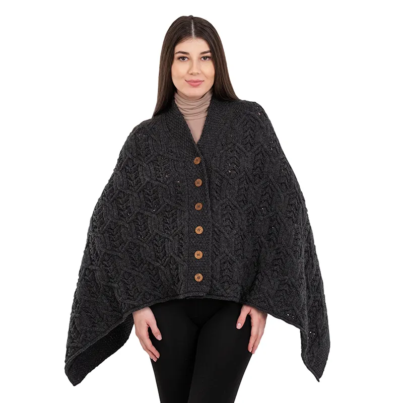 A10104 Side Buttons Irish V-Shaped Poncho CHARCOAL with Front Buttons Style Gaelsong 