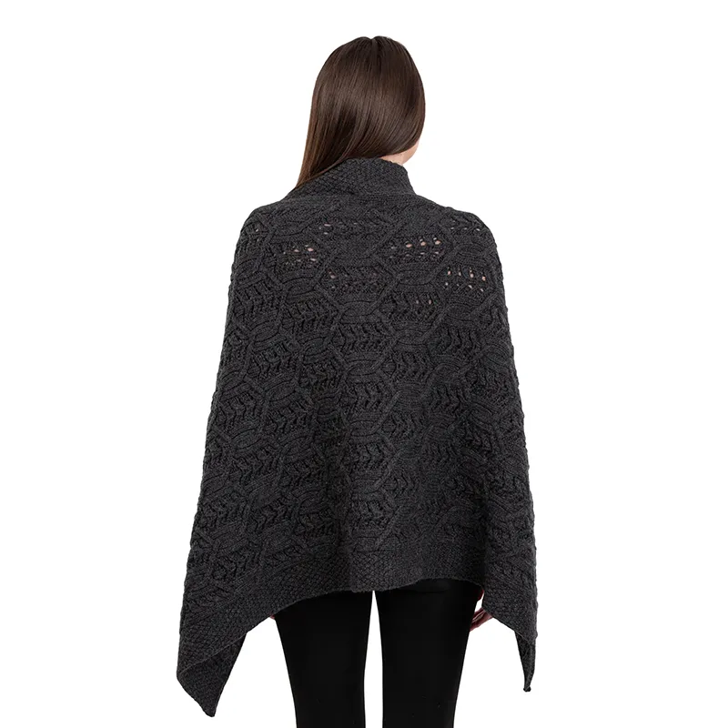 A10104 Side Buttons Irish V-Shaped Poncho CHARCOAL with Front Buttons Style Back Side View Gaelsong 