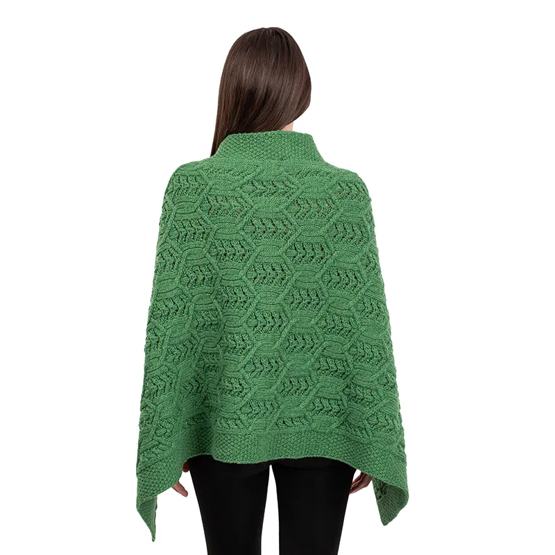 A10104 Side Buttons Irish V-Shaped Poncho GREEN with Front Buttons Style Back Side View Gaelsong 