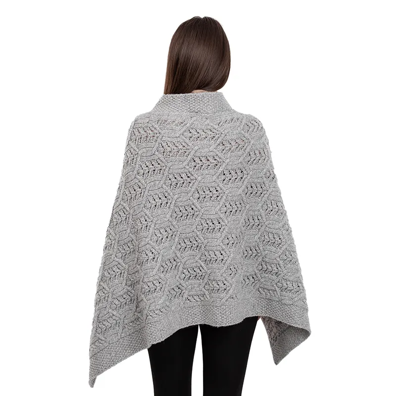 A10104 Side Buttons Irish V-Shaped Poncho GREY with Front Buttons Style Back Side View  Gaelsong 